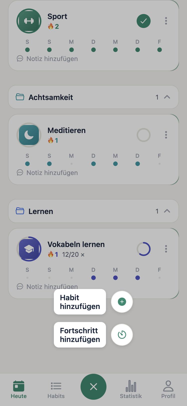 Fächer-Menü am Plus-Button: Habit hinzufügen oder Fortschritt hinzufügen