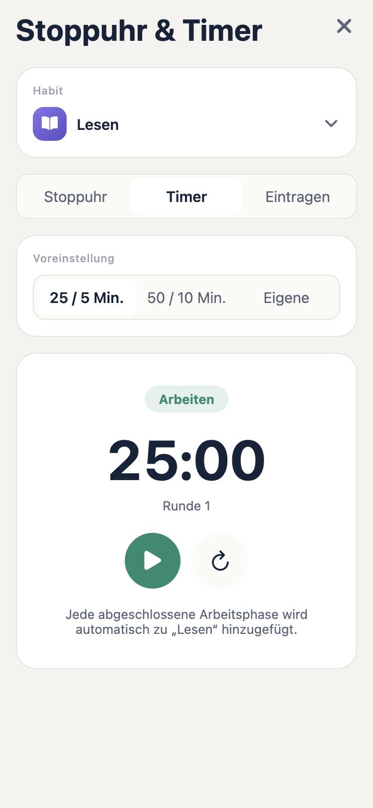 Routelioo Timer mit Pomodoro-Voreinstellung